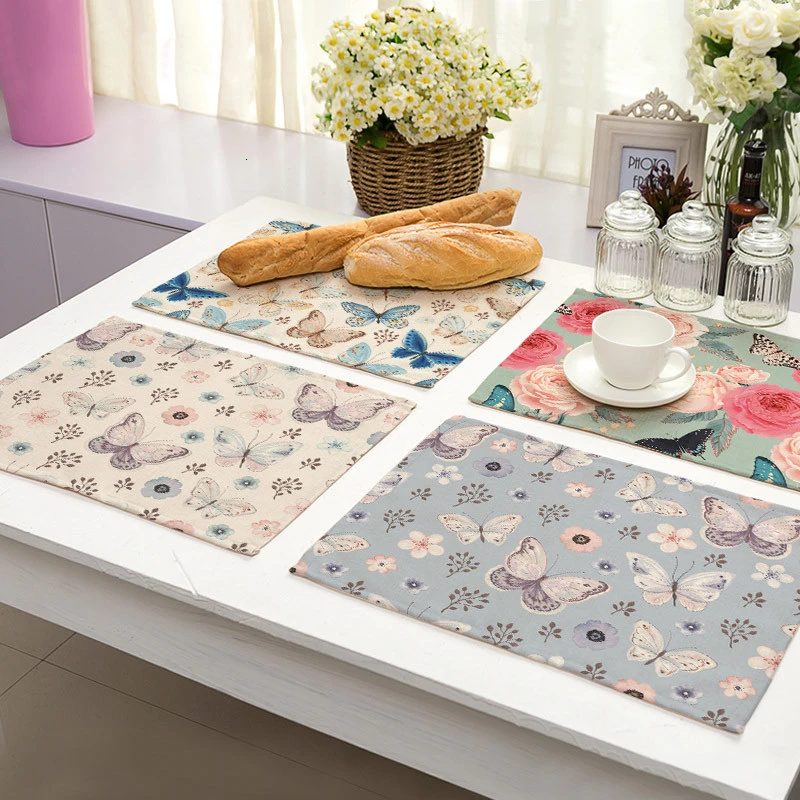 

1Pcs Pattern Kitchen Placemat Cotton Linen Butterfly Dining Table Mats Coaster Pad Flower Bowl Cup Mat 42*32cm Home Decor ML0008