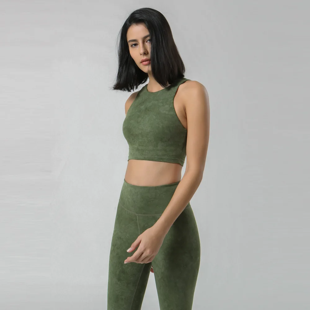 

NWT Printed Tummy Control Workout Yoga Set Women 25 Inches Tight Squat Proof Leggings With Pockets 2 Piece Bra Running Clothing