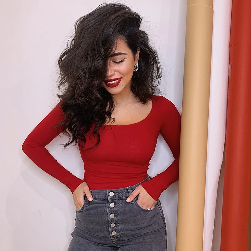 long Sleeve red HEYounGIRL Повседневный основной черный белый боди для женщин летний короткий рукав женский боди Топ Хлопок бодикон комбинезон для женщин - Цвет: long Sleeve red