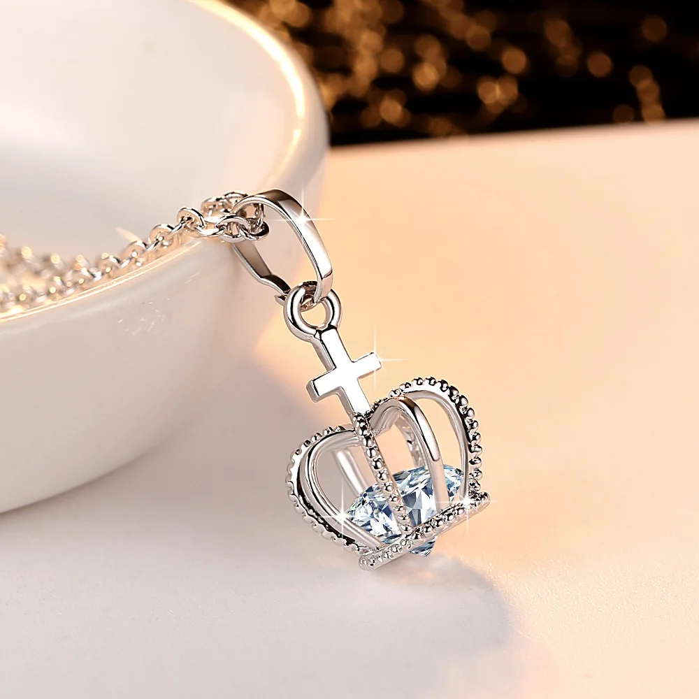 

Cute Female Crystal Crown Pendant Necklace Charm Silver Color Cross Chain Necklaces For Women Boho White Zircon Wedding Necklace