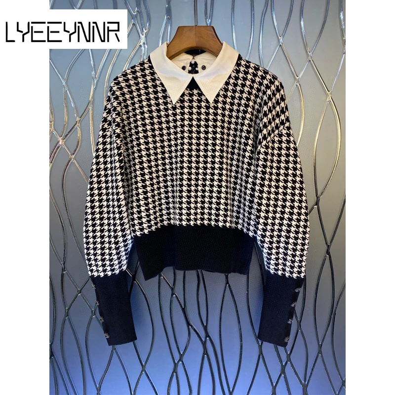 

Женский трикотажный свитер в клетку, Свободный Повседневный пуловер в стиле пэчворк с отложным воротником и длинным рукавом, офисная одежд...