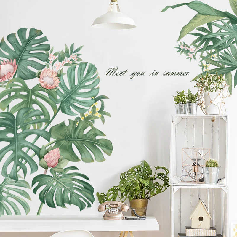 

Removable Wall Stickers Monstera Leaves Tropical Palm Leaves Green Plants Door Stickers Waterproof Wall Paper Modern Art Decal