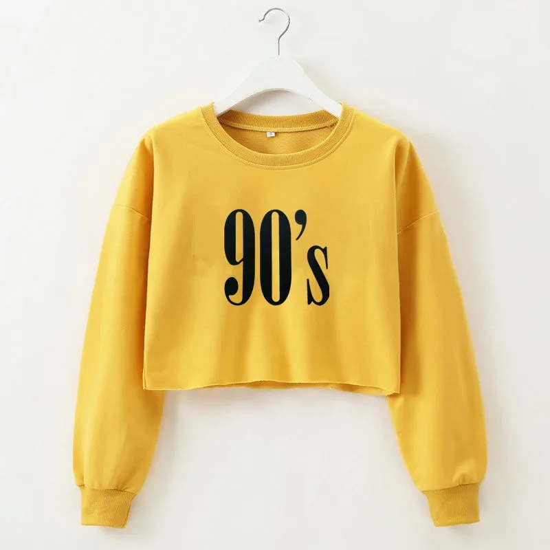 

Long Sleeve Crop Top Sweatshirt 90s White Gray Yellow Tops Short Cropped Sweatshirt Women Ladies Femme Autumn Winter Clothes
