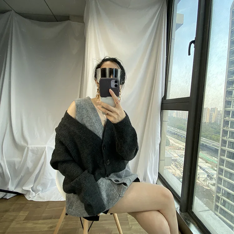 

Deconstructed Women Sweater Design Color-blocking V-neck Loose Long-sleeved Knitted Cardigan Women's Lazy Mid-length Coat