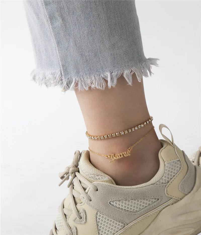 

Korean Version Personalized Temperament Close Claw Chain Diamond Foot Ornaments Female Beach Element Letter Accessory Anklet Set