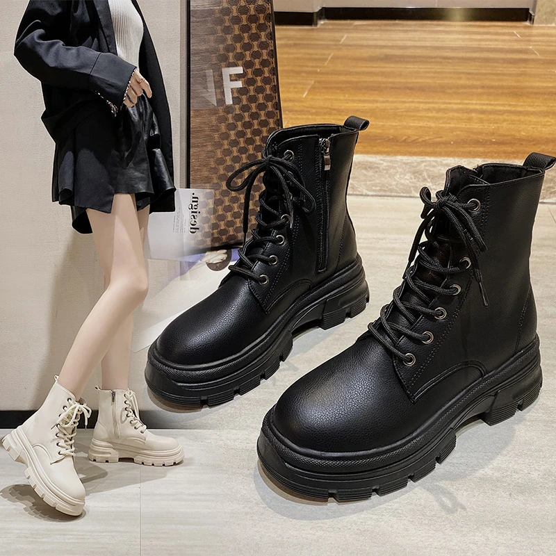 

Women Ankle Boots Winter Round Toe 5.5cm Heel Zip and Lace Up Round Toe Platform 2021 NEW Fashion Shoes for Woman Non-slip
