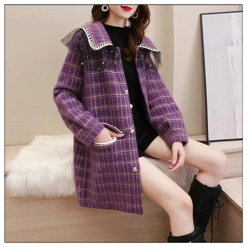 

Loose Woolen Coat Female Coats Female Imitation Mink Velvet Plaid Coat Female Mid-length Lace Autumn Winter New Korean Version