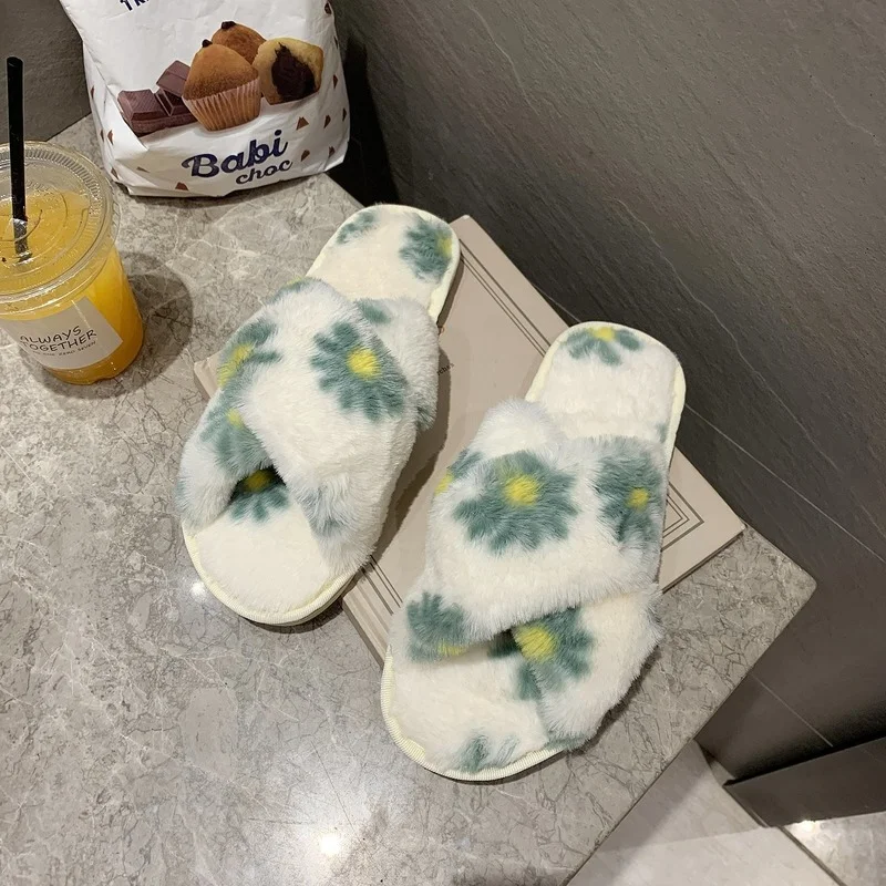 

Daisy Print Floral Winter Warm Slippers Slip-on Breathable Home Slides Shoes House Sweet Cute Korea Slippers Plus Size 36-41