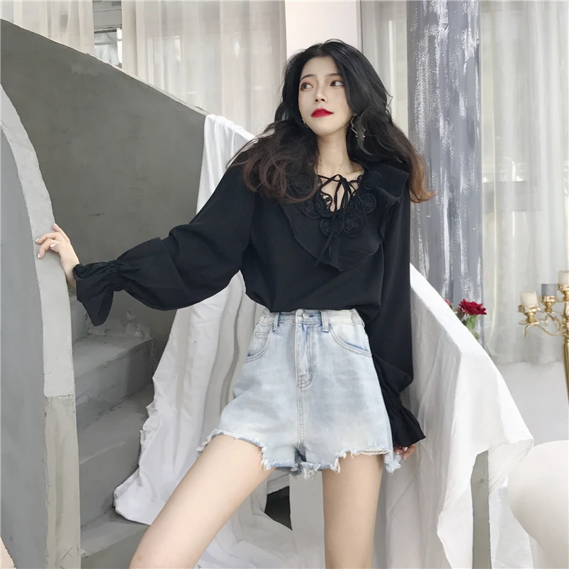 

Designer Moda Camisas Spring Autumn Japan Sweet Style Blouse Women Tops White Ruffles Shirts Ladies Blusa Vetement Femme Black