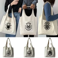 canvas bag women%e2%80%98s shopping bags commuter skull pattern vacation grocery handbags portable one shoulder pure cotton tote bag