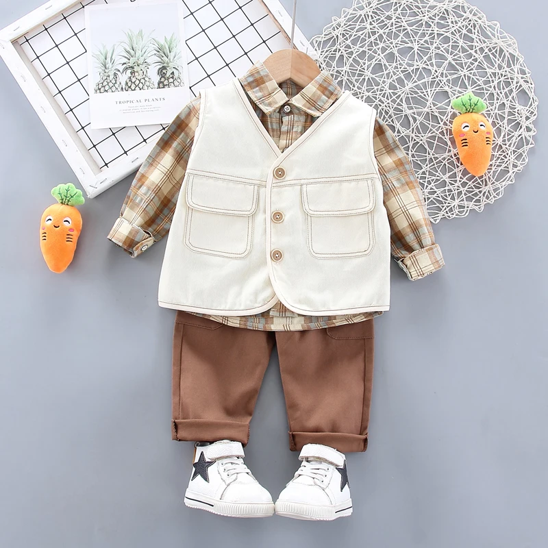 

2021Fashion Spring Autumn Toddler Baby Boys Casual Clothes Outfits Plaid Long Sleeve T-Shirt+Vest+Pants 3pc/Sets Children's Wear