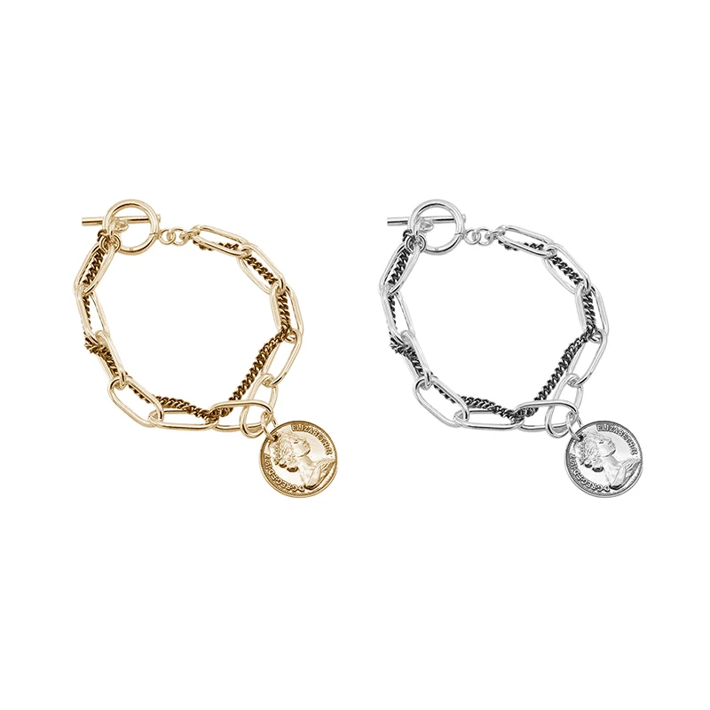 

Punk Bracelets Carved Coin Head Bracelet Bangle Bohemian Circle Queen Thick Chain Tassel Pendant Bracelet Women Jewelry