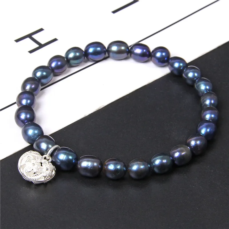 Пресноводные натуральные жемчужины черный овальный жемчуг браслеты 925 Φ для