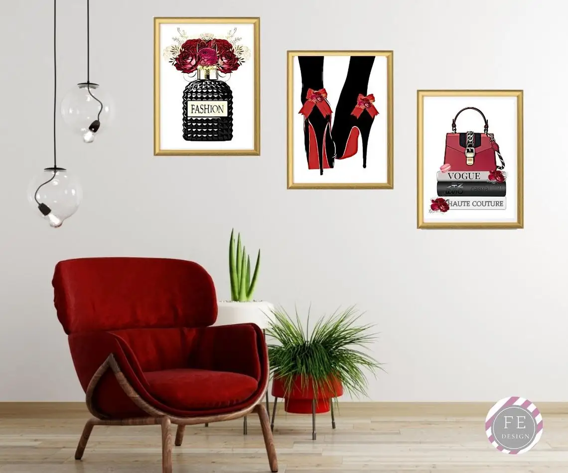 

Fashion Perfume Bottle Canvas Painting Red High Heels Handbag Poster and Print Wall Art Picture for Living Room Home Decoration