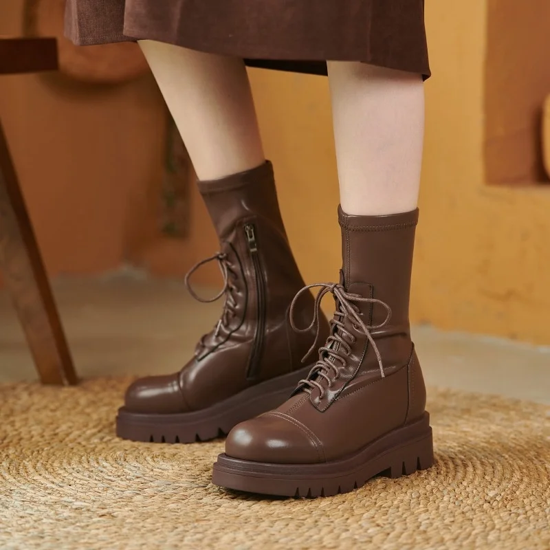 

Muffin bottomed short boots show thin elastic thin boots round head thick soled boots women's middle heel large boots