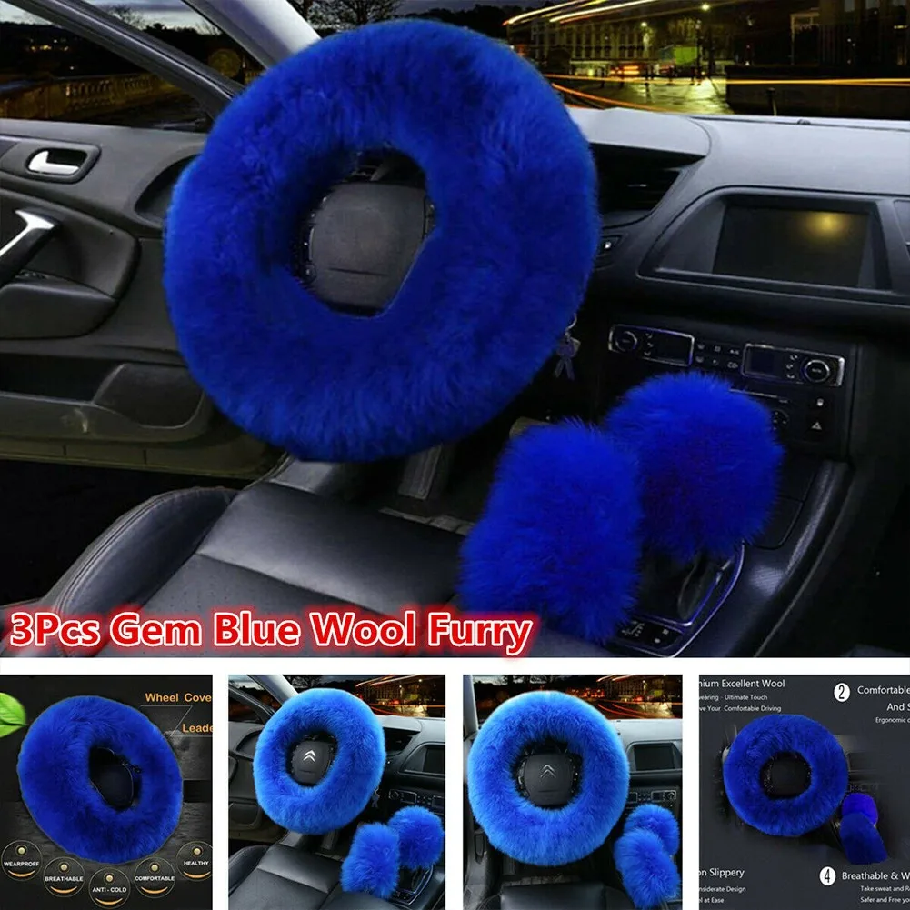 

3pcs / Set Universal Furry Fluffy Thick Fur Wool Car Steering Wheel Cover Gem Blue Plush Fur Cover Winter Car Steering Wheel
