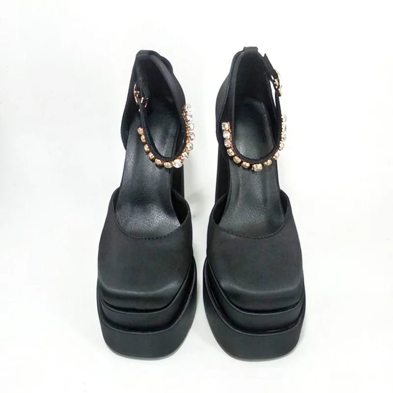 

FAKUNTN luxury satin cloth crystal buckle spring designer female party runway shoes round toe high heels women