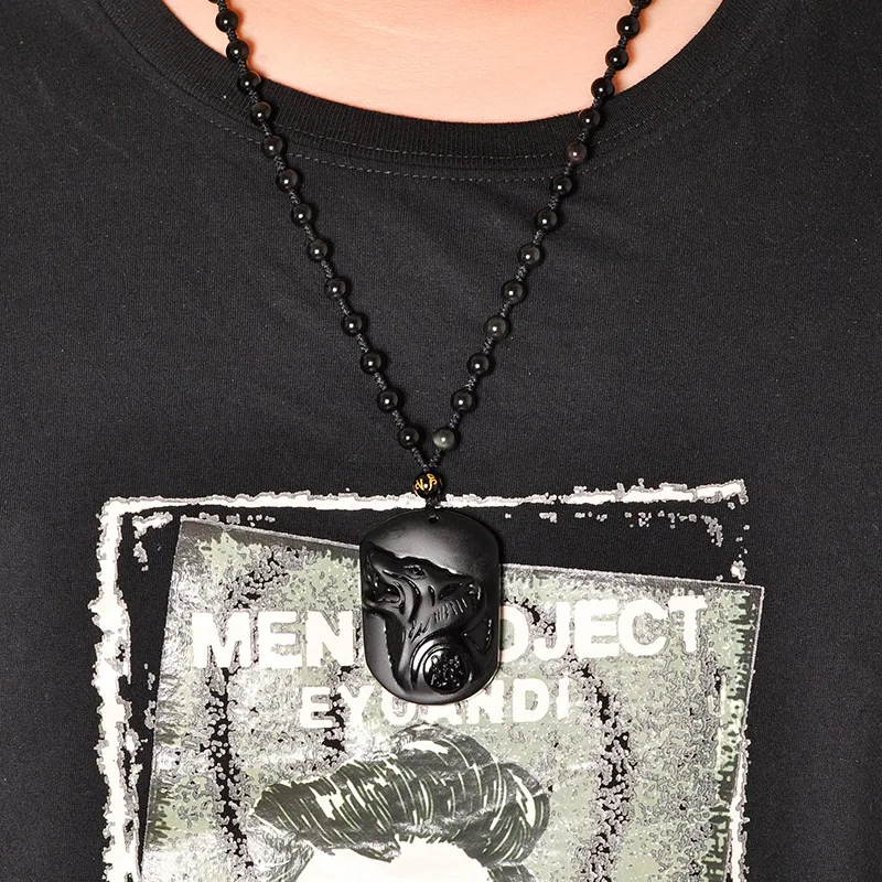 Черное обсидиановое ожерелье с подвеской волка из нефрита китайская модная