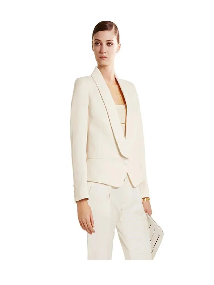 Женский брючный костюм элегантный офисный цвета слоновой кости бизнес