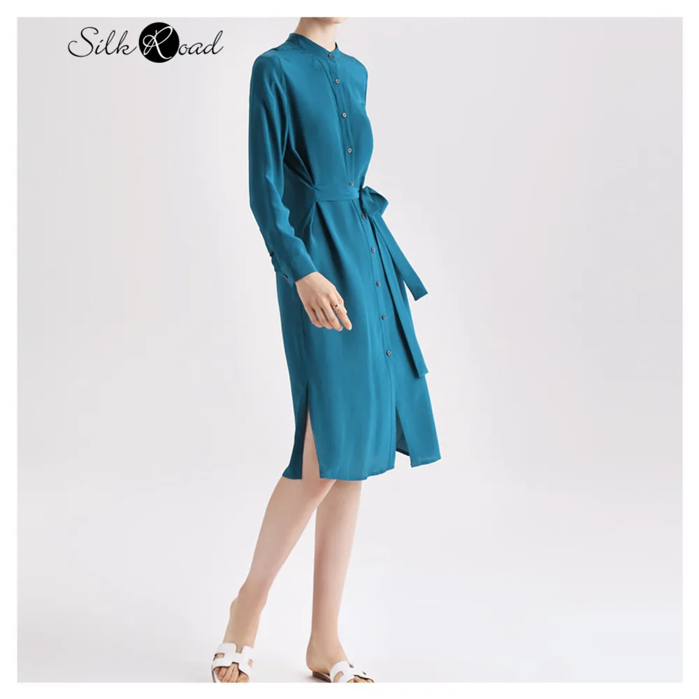 Silviye Temperament stand up collar silk dress with waist closed and thin women's solid color long sleeve shirt A-line dress new