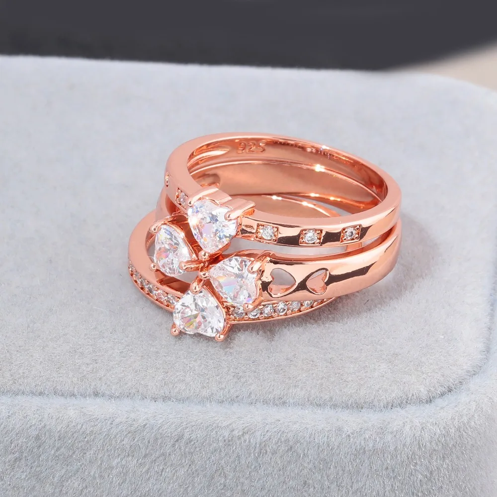 CiNily 3 in 1 Rose Gold Color LOVE Large Rings Clear Zirconia CZ Crystal Heart Stone Engagement Wedding Party Jewelry Woman Girl | Украшения