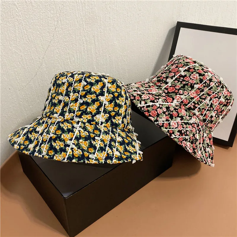 Korean Fashion Flowers Bucket Hat Cute Girl Bob Hip Hop Gorros Summer Panama Cap   Beach Sun Fishing Boonie Hat Designer Bonnets