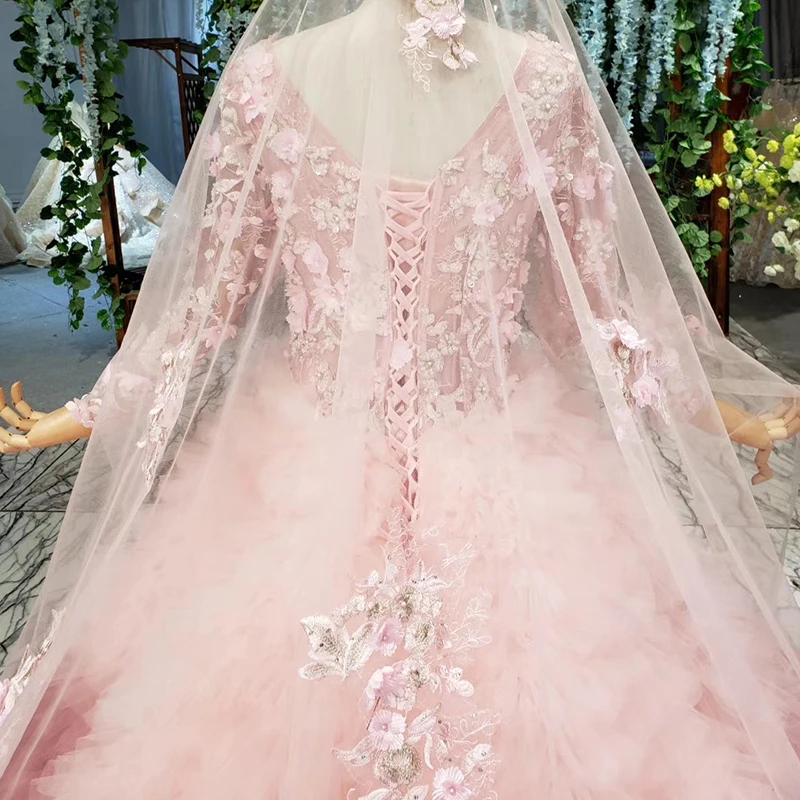 BGW 2020 Pink Evening Dress Long O-neck 3D Flowers Long Sleeves Bridal Wedding Party Dress Gown Cake Style Vestito Da Sera Lungo