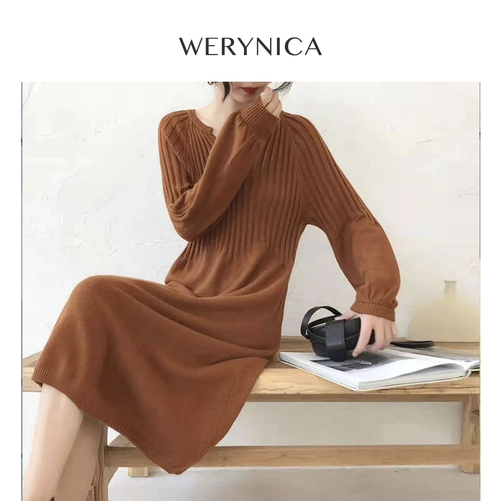 Werynica 2019 Autumn Winter Loose Sweater Dress Women Warm Female Knitted Elegant Straight Charming Lantern sleeve V-neck Dress