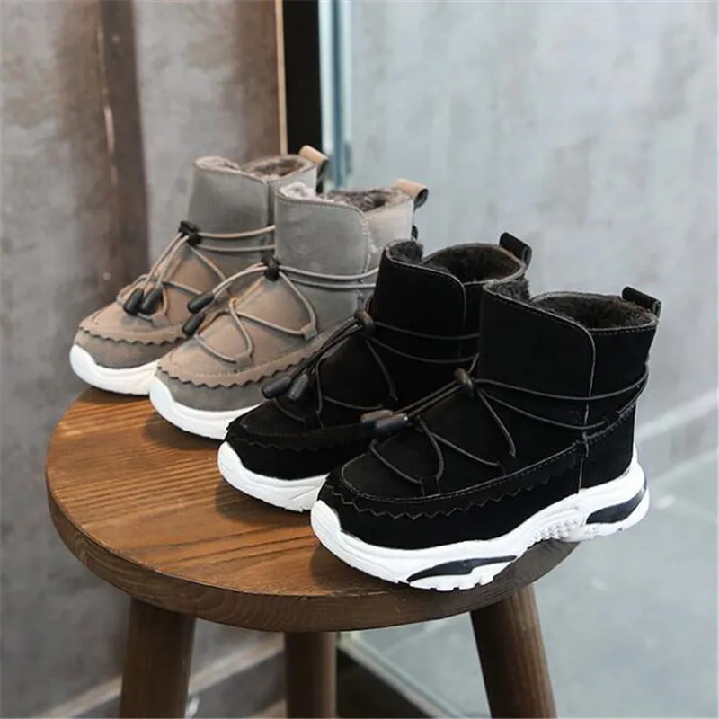 Зимние кожаные ботинки MHYONS детские с толстым мехом черные кроссовки для девочек