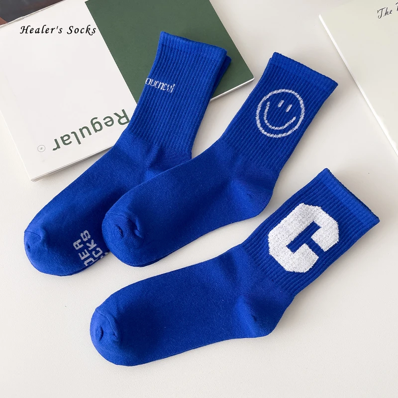 

New Streetwear Klein Blue Letter Fashion Men Women Socks Cotton Harajuku INS Smile Face Funny Hip Hop Kawaii Soft Female Socks