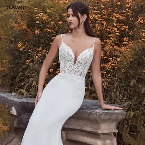 Lace Mermaid Wedding Dresses 2021 Spaghetti Straps V-Neck Sleeveless Elegant Bridal Gown Long Sweep Train Sexy Open Back