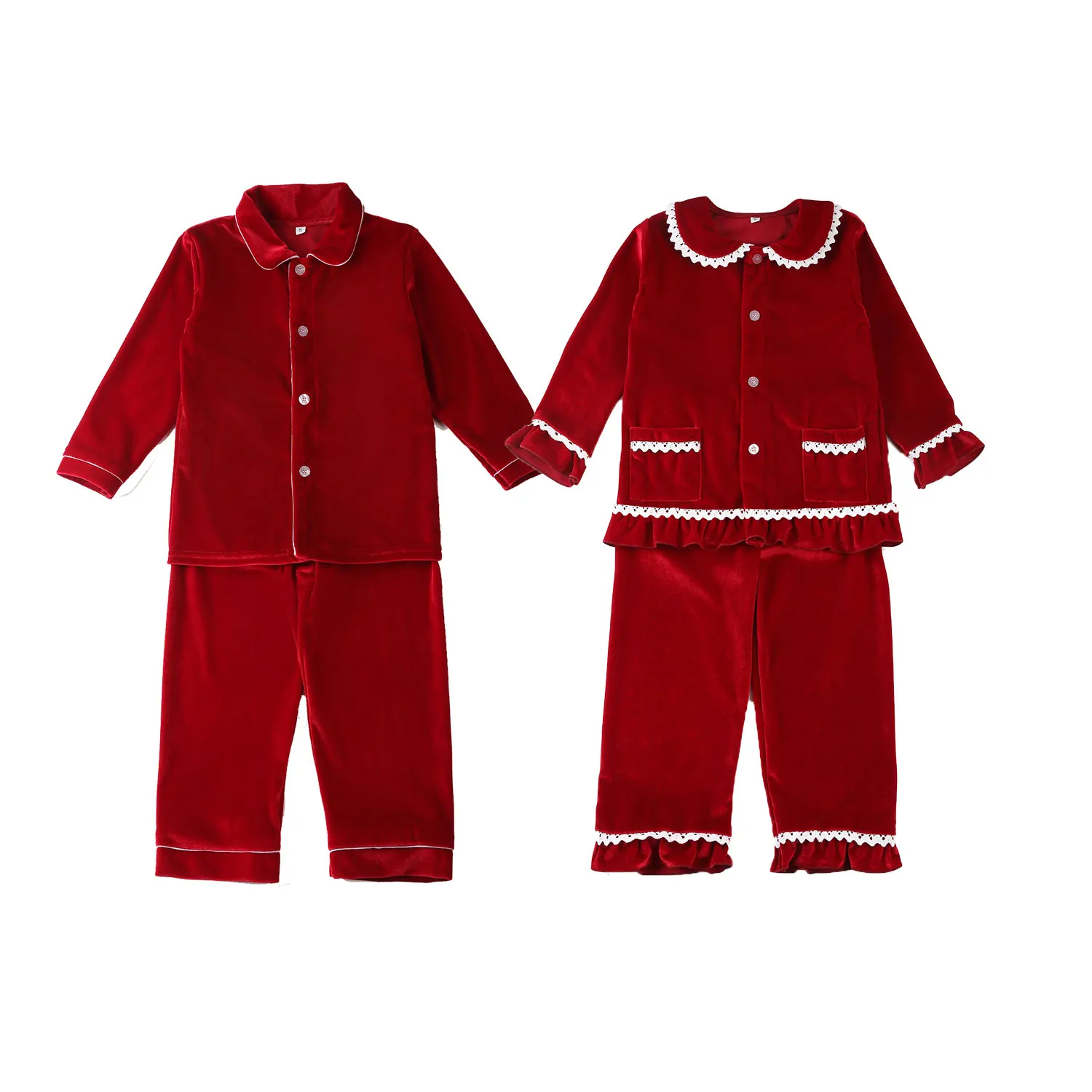 2022 Peter Pan Collar Children Button Up Red Velvet Boy Baby Sleepwear Kids Christmas Pyjamas Sets