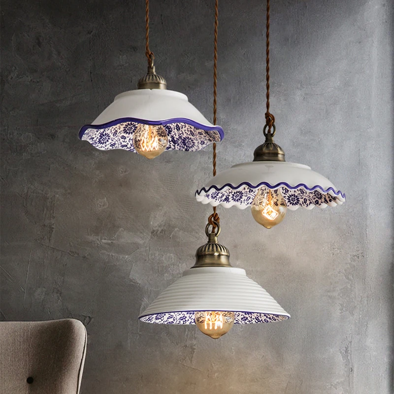 

Chinese style blue and white porcelain ceramic LED Pendant lights retro personality restaurant clothing store bedroom lamps