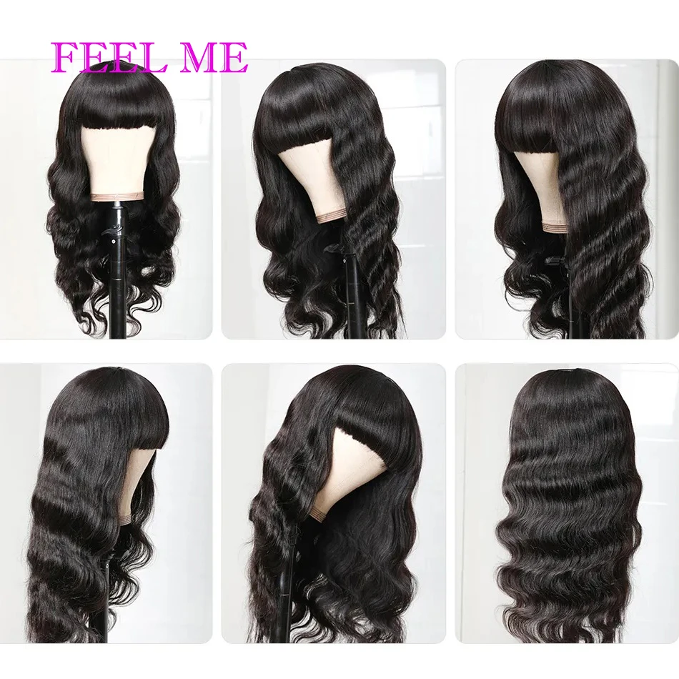 FEELME Human Hair Wigs With Bangs For Black Women Natural Hair Wigs Brazilian Body Wave Hair Wigs With Bangs Remy Fringe Wigs enlarge
