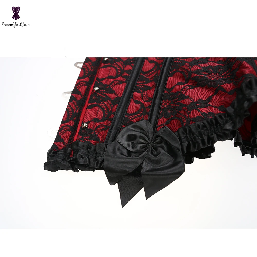 

Womens Floral Lace Trim Corset Overbust Waist Cincher Bustier Plus Size Red and black Lace Corset and Bustier Nightclub Sexy Top