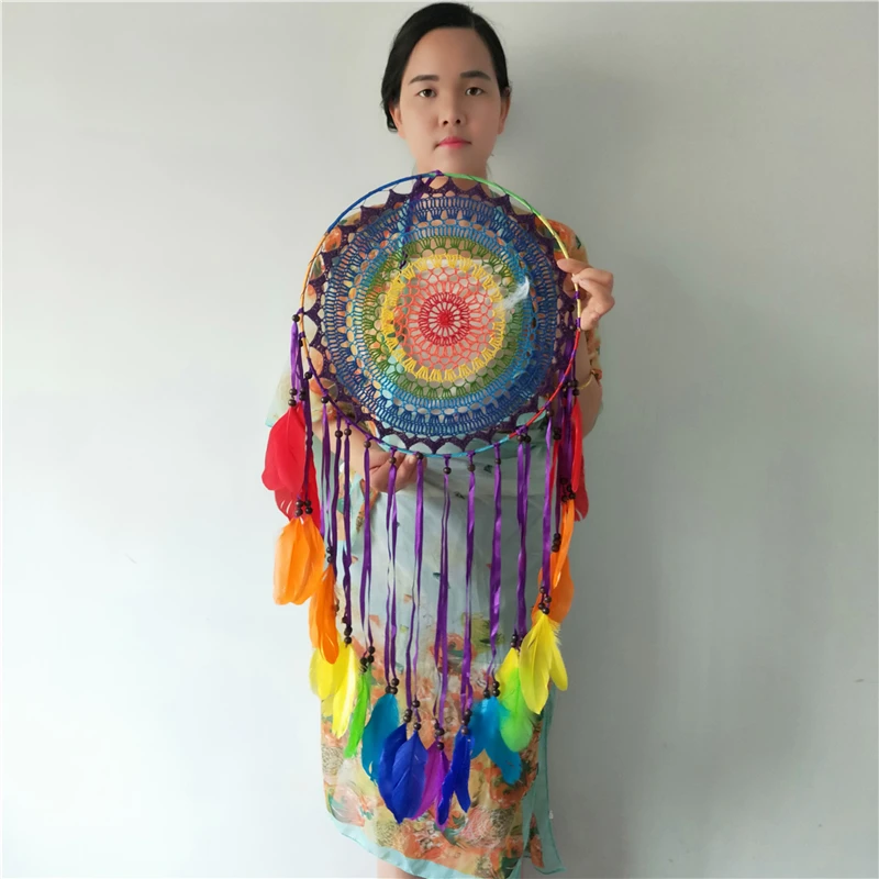 

Large Size Colorful Handmade Dreamcatcher DIY Home Decor Craft Round Hanging Colored Feather Dream Catcher Photography Props