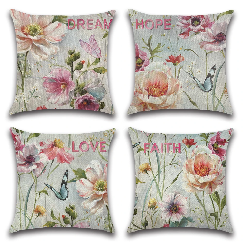 

Outdoor Waterproof Cushion Cover 45x45 Linen Retro Floral Pillowcover Decorative Sofa Gouache Butterfly Flowers Throw Pillowcase