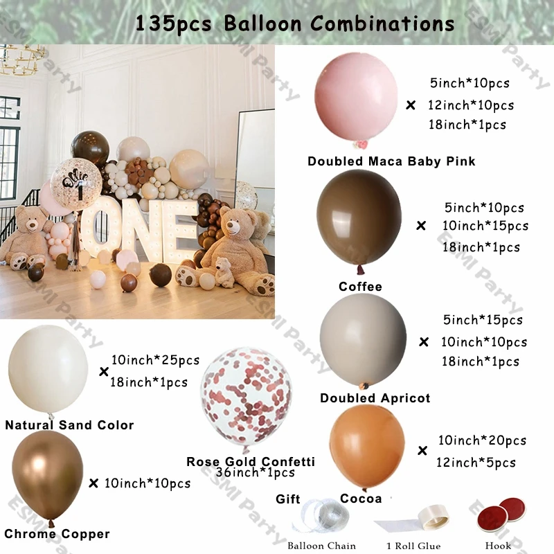 Kit de guirnalda de globos de color rosa y albaricoque para decoraci&oacute;n de cumplea&ntilde;os, Baby Shower, caf&eacute;, chocolate, suministros de decoraci&oacute;n de graduaci&oacute;n, 135 piezas-1