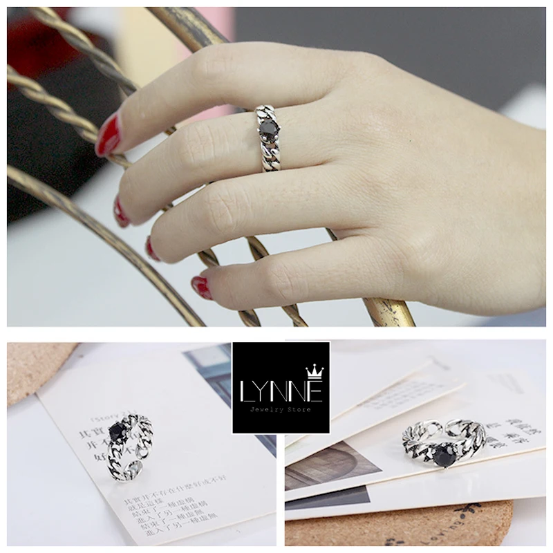 Женское Винтажное кольцо с цепочкой регулируемое черным кристаллом серебряным