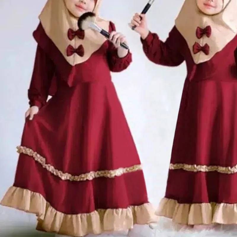 

2 Piece Set Eid Girls Hijab Muslim Dress Abayas for Kids Baby Ramadan Abaya Turkey Dubai Islamic Clothing Vestidos