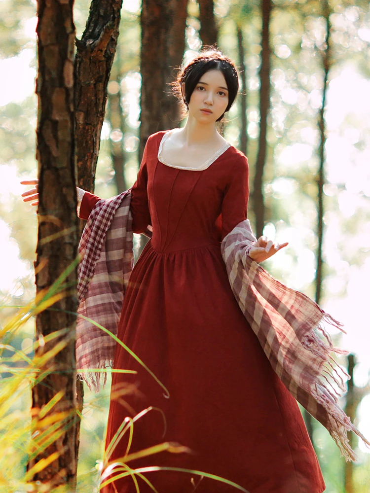 Женское винтажное Замшевое платье длинное красное с длинным рукавом и