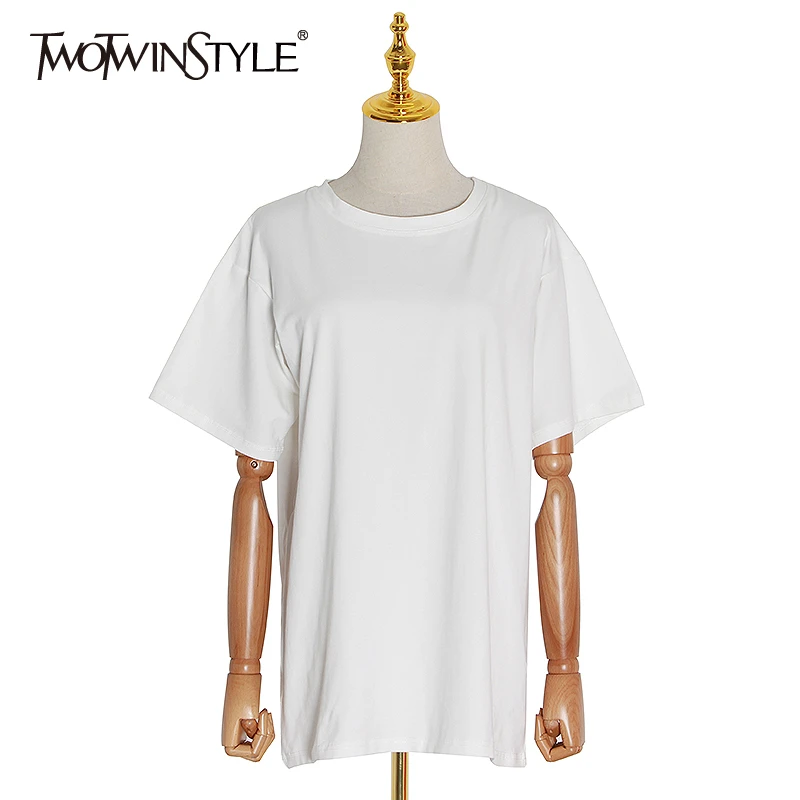 TWOTWINSTYLE летняя черная футболка для женщин с круглым вырезом и коротким рукавом