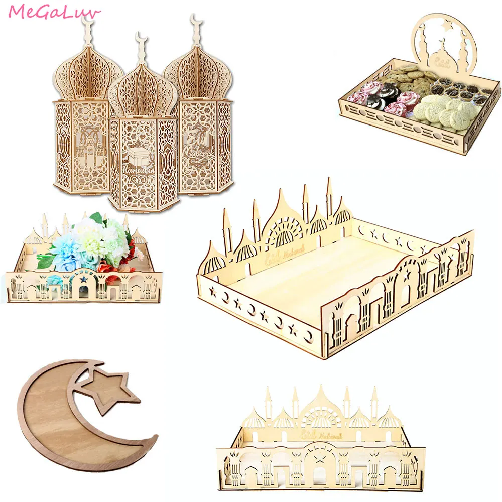 

Деревянные украшения EID Mubarak, светодиодная подсветка, дворец Рамадан, украшение карема, еда, десертный поднос, Мусульманский Стиль, искусственные товары, подарок