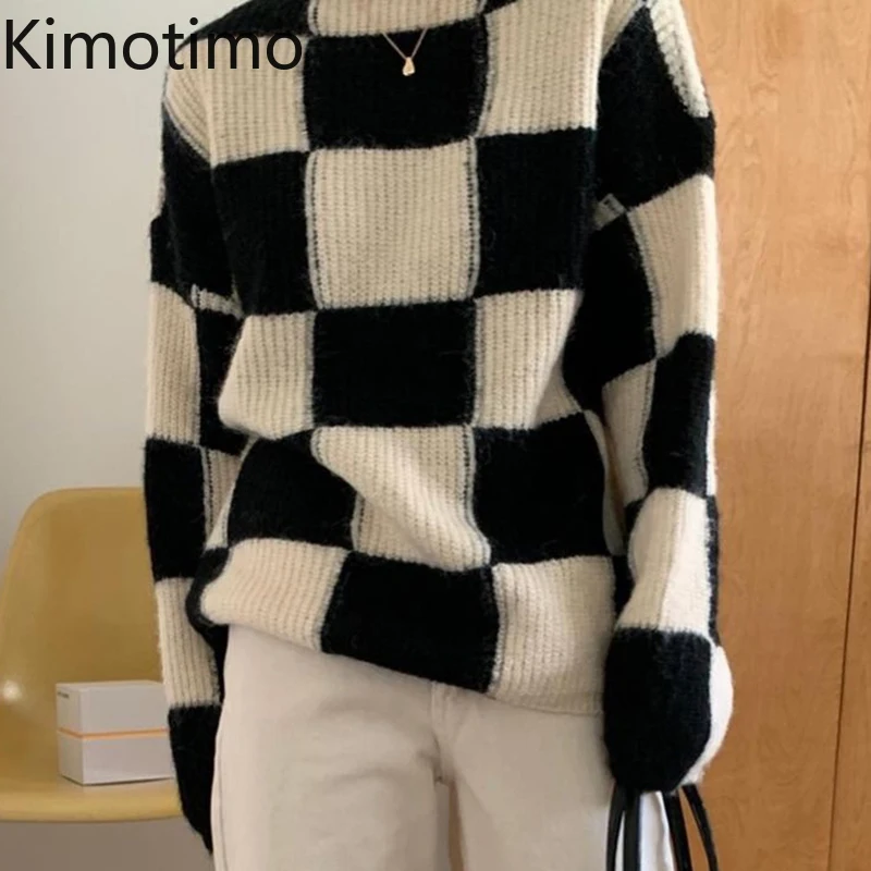 

Kimotimo Retro Checkerboard Sweater Women Korean Chic Color Contrast O-neck Pullover Autumn Winter Long Sleeve Loose Sweaters