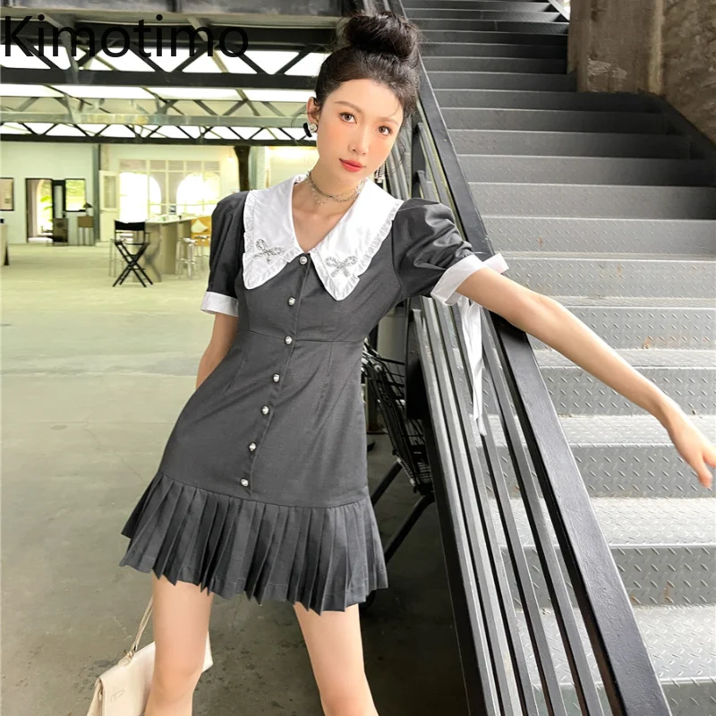 

Kimotimo Bow Puff Sleeve Pleated Dress Women French Diamond Turn-down Collar Mini Dress 2021 Summer Age Reduction Preppy Style
