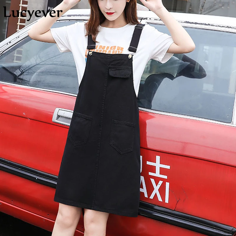 Lucyever Harajuku джинсовое платье женские летние джинсы на подтяжках без рукавов