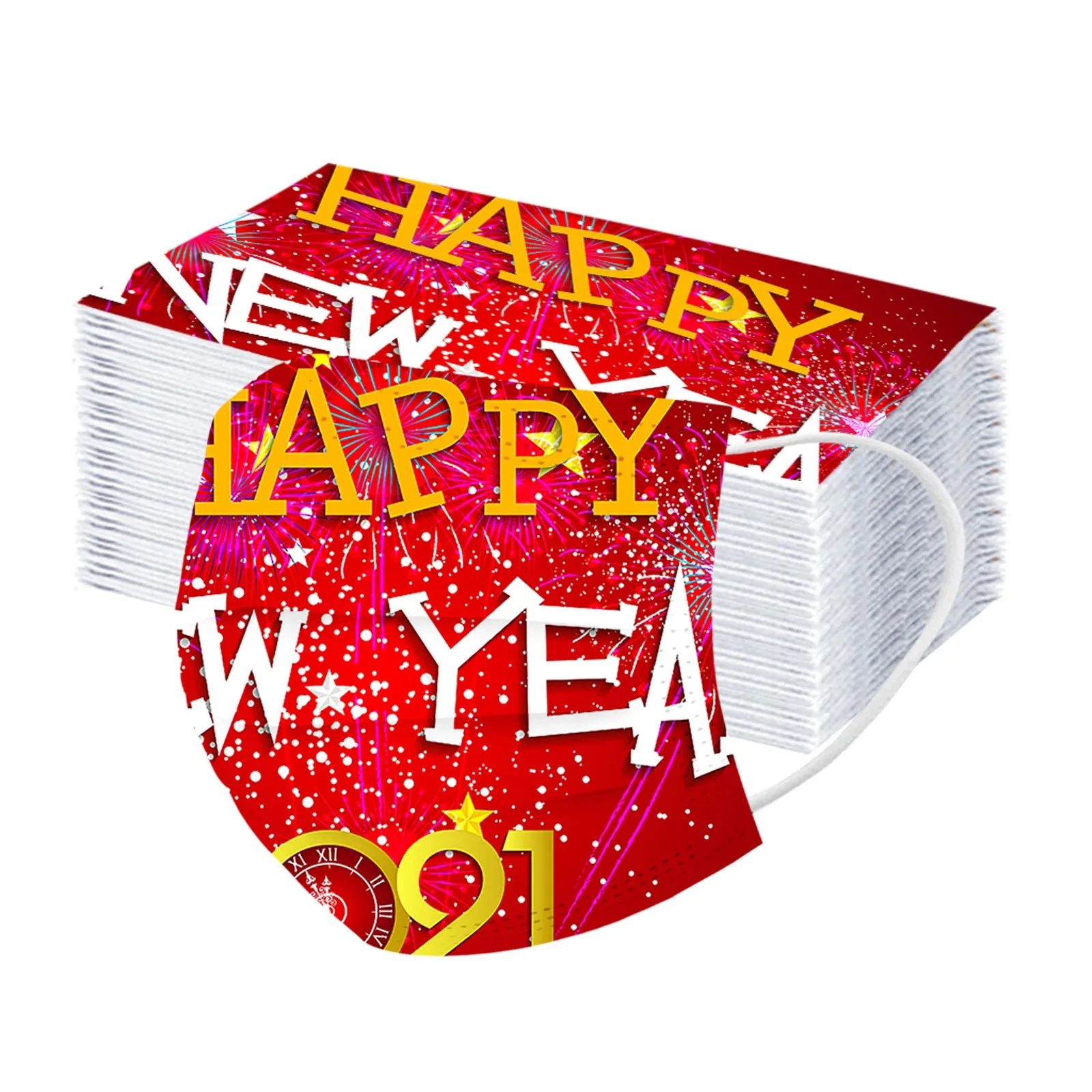 

50PC Adults Masks Disposable Face Mask Fashion 2021 New Year's Day Printing Cover Unisex 3-Layer Breathable Masque Mascarillas