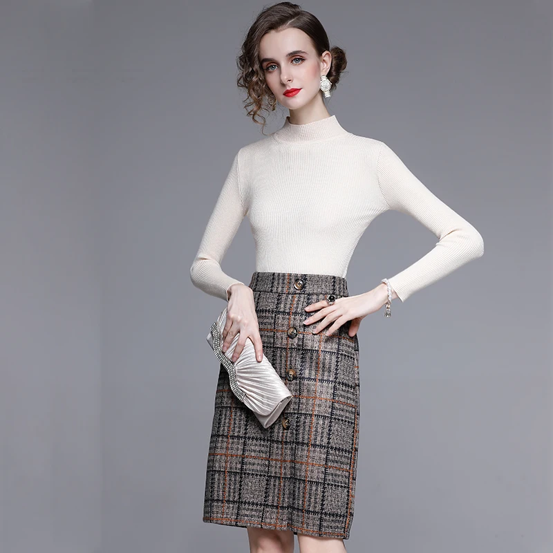 

Qiqi&queen 2 Pieces Set Women's Winter Base Sweater And Single-breasted Plaid Woolen Pencil Skirt France Style Office Lady Suit