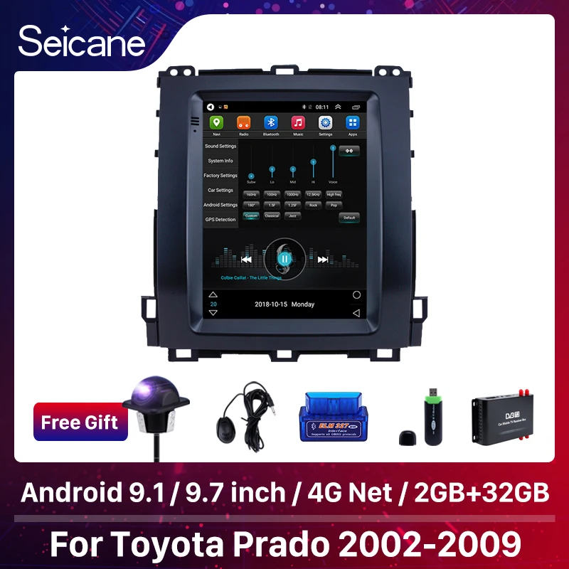 

Seicane оперативная память 2G Android 9,1 9,7 дюймов стандартный стереоплеер для Toyota Prado 2002-2009 поддержка 4G TPMS Carplay