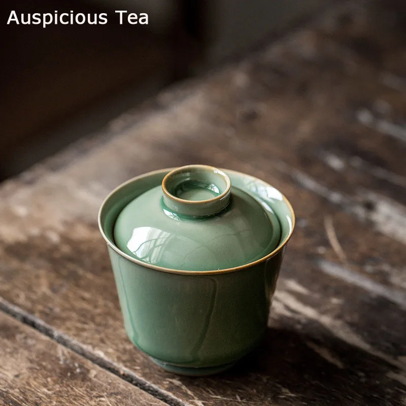 

110ml Yue Kiln Celadon Covered Bowl Tea Cup Handmade Household Single Gaiwan Ceramic Kung Fu Tea Set Tea Ceremony Drinkware Gift